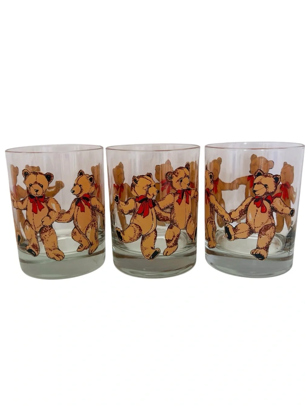 Vintage Georges Briard Teddy Bear Red Bow Drinking Glasses Set of 3